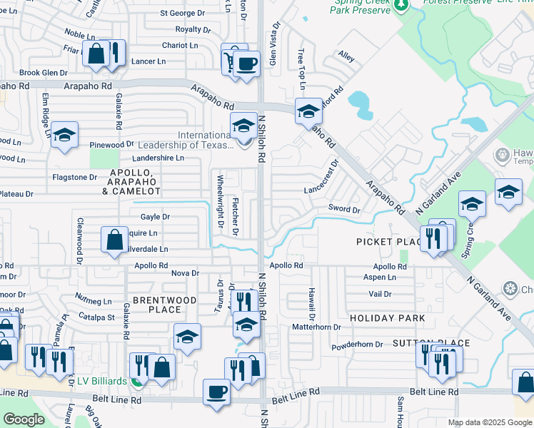 map of restaurants, bars, coffee shops, grocery stores, and more near 3902 Arrowcrest Lane in Garland