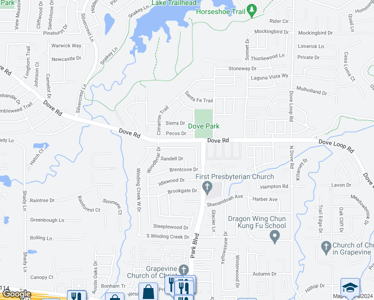 map of restaurants, bars, coffee shops, grocery stores, and more near 2112 Sandell Drive in Grapevine