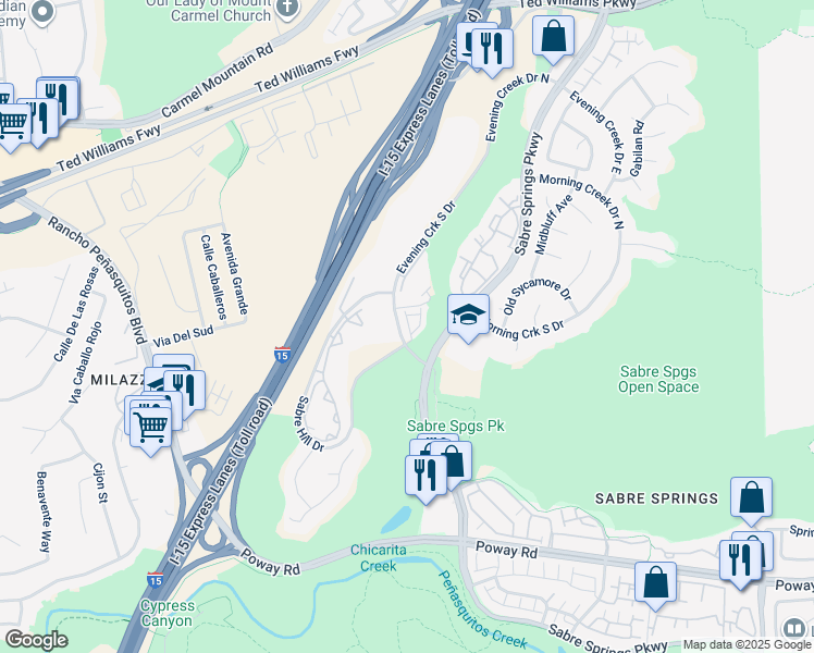 map of restaurants, bars, coffee shops, grocery stores, and more near 13003 Evening Creek Drive South in San Diego
