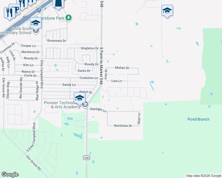 map of restaurants, bars, coffee shops, grocery stores, and more near 2106 Farm to Market 548 in Royse City