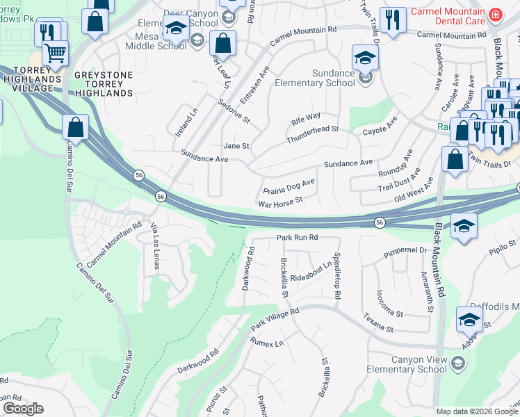 map of restaurants, bars, coffee shops, grocery stores, and more near 12763 War Horse Street in San Diego