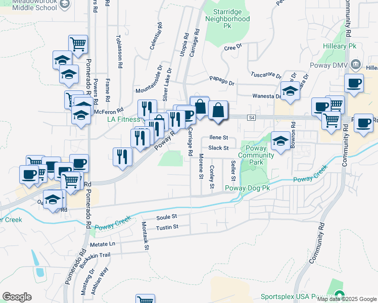 map of restaurants, bars, coffee shops, grocery stores, and more near 13042 Carriage Road in Poway