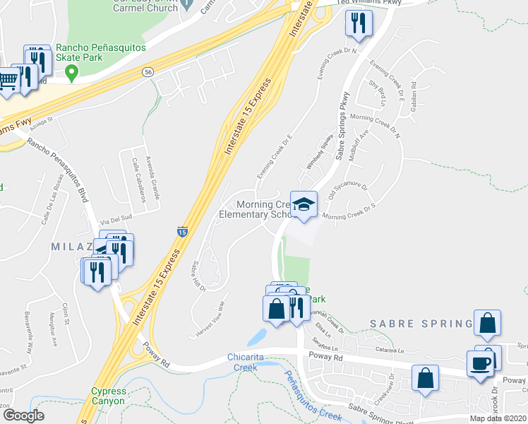 map of restaurants, bars, coffee shops, grocery stores, and more near 35 Evening Creek Drive South in San Diego