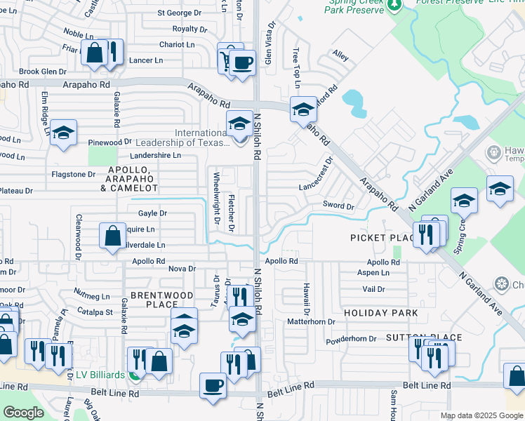 map of restaurants, bars, coffee shops, grocery stores, and more near 3902 Arrowcrest Lane in Garland