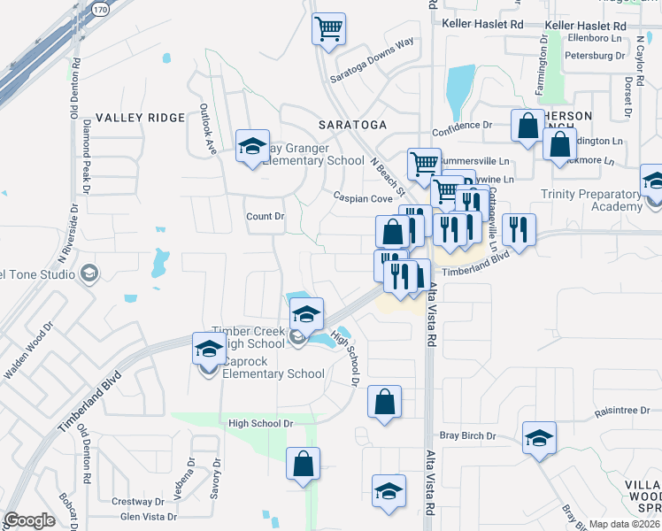 map of restaurants, bars, coffee shops, grocery stores, and more near 3516 Elm Grove Drive in Keller