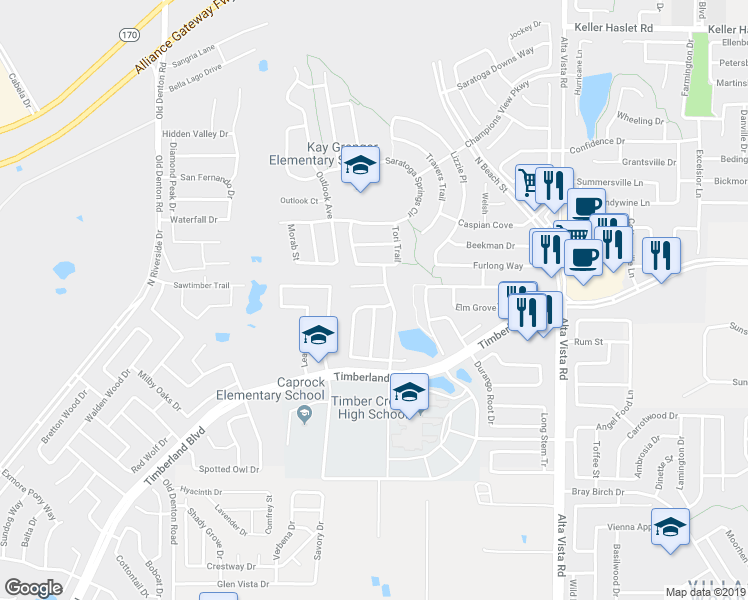 map of restaurants, bars, coffee shops, grocery stores, and more near 12400 Dogwood Springs Drive in Keller