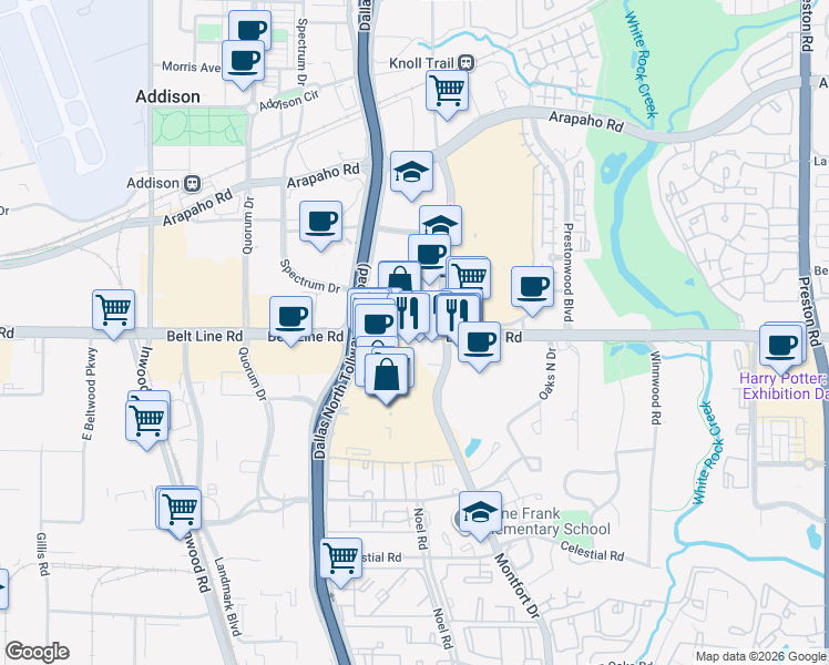 map of restaurants, bars, coffee shops, grocery stores, and more near Belt Line Road in Dallas