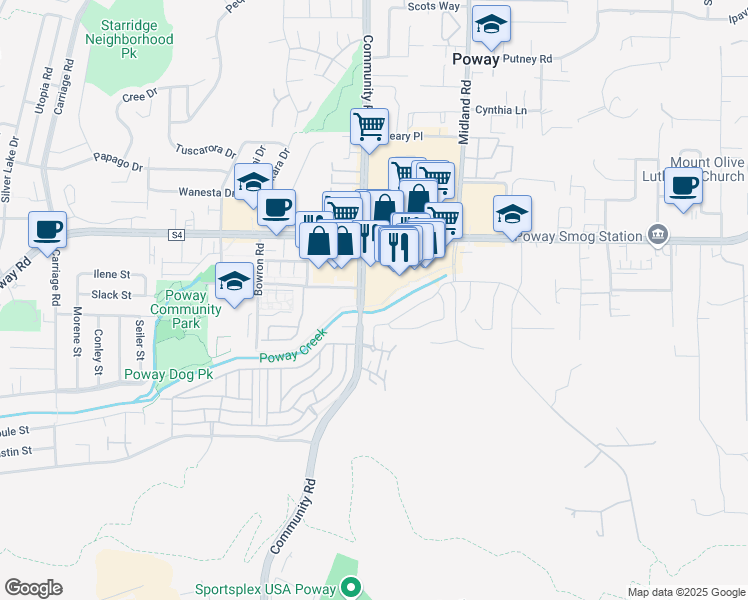 map of restaurants, bars, coffee shops, grocery stores, and more near 13418 Poway Creek Road in Poway