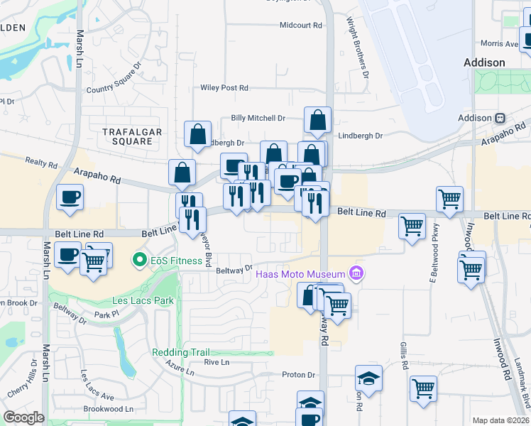 map of restaurants, bars, coffee shops, grocery stores, and more near 4100 Belt Line Road in Addison