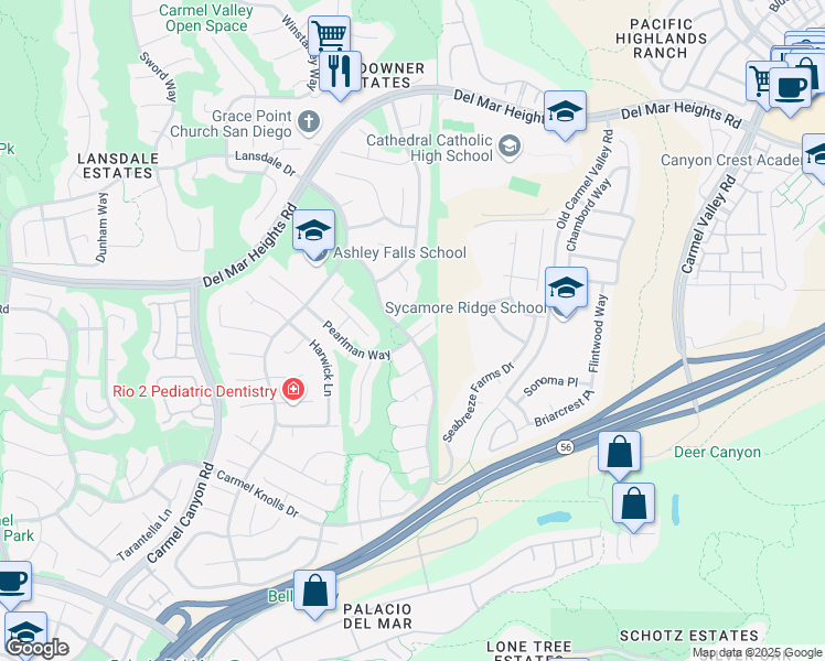 map of restaurants, bars, coffee shops, grocery stores, and more near 5252 Pearlman Way in San Diego