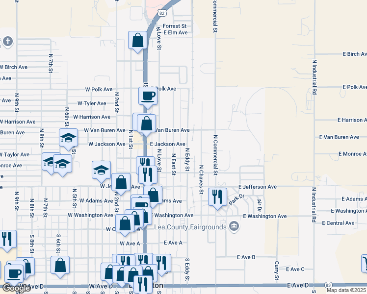 map of restaurants, bars, coffee shops, grocery stores, and more near 355-399 East Monroe Avenue in Lovington