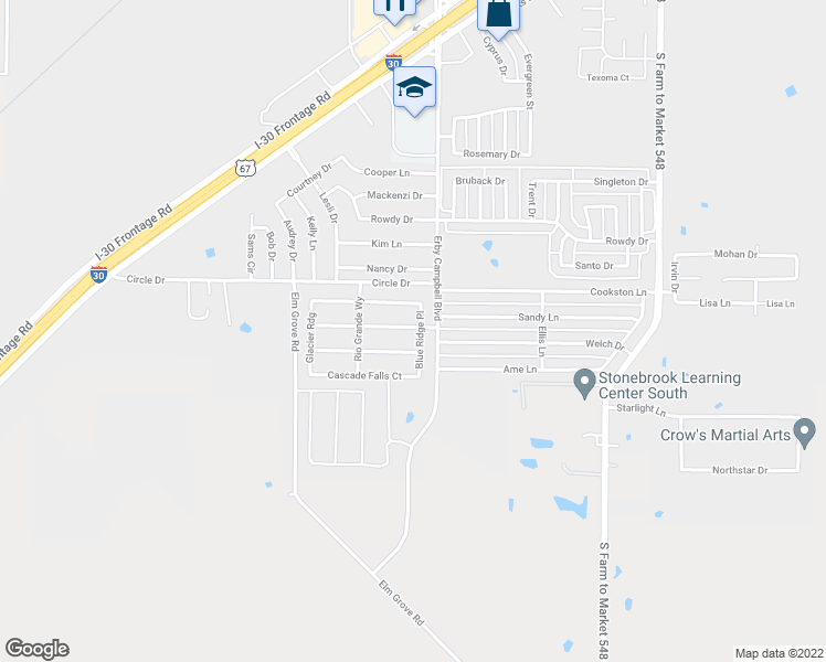map of restaurants, bars, coffee shops, grocery stores, and more near 3316 Flatiron Drive in Royse City