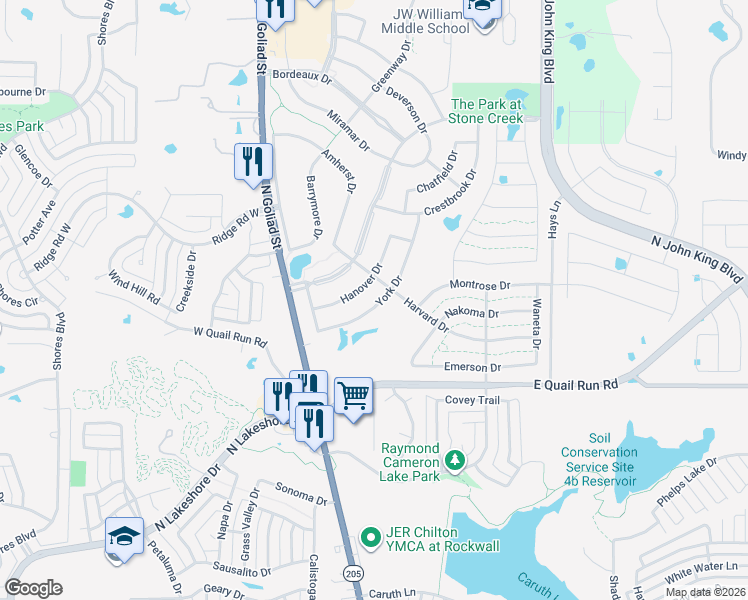 map of restaurants, bars, coffee shops, grocery stores, and more near 782 York Drive in Rockwall