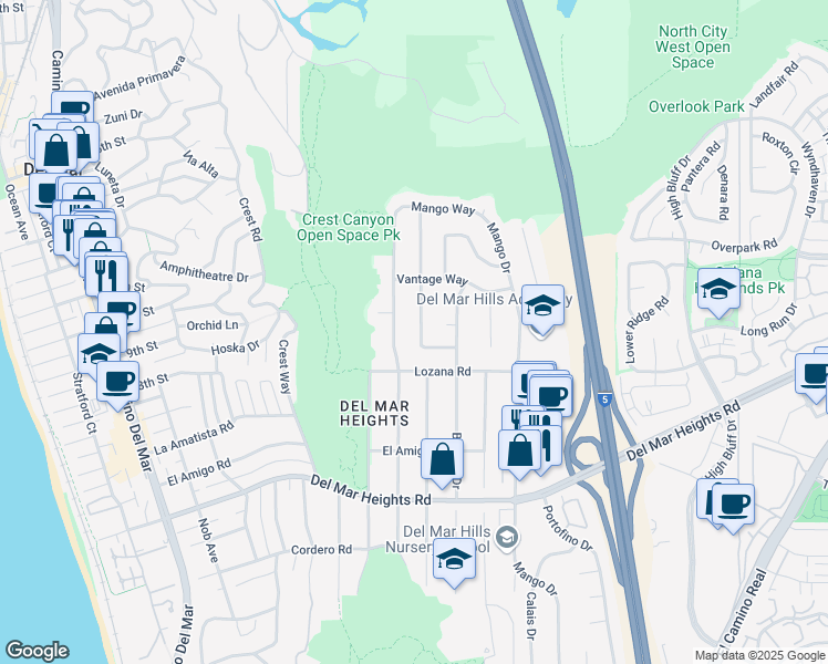 map of restaurants, bars, coffee shops, grocery stores, and more near 14132 Half Moon Bay Drive in Del Mar