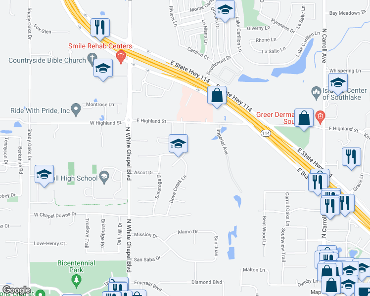 map of restaurants, bars, coffee shops, grocery stores, and more near 1040 Summerplace Lane in Southlake