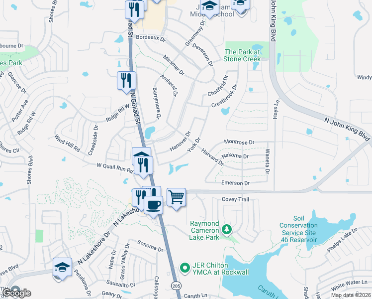 map of restaurants, bars, coffee shops, grocery stores, and more near 782 York Drive in Rockwall
