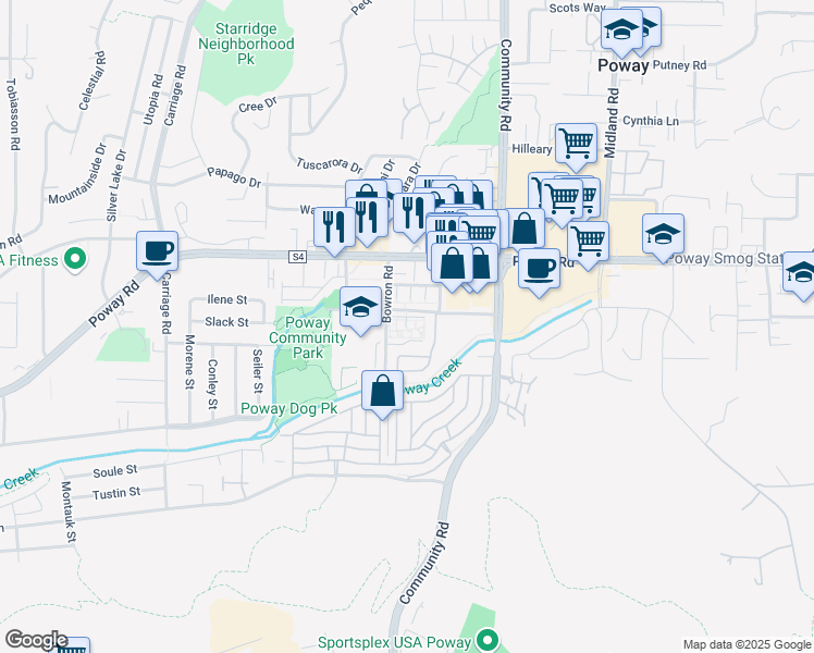 map of restaurants, bars, coffee shops, grocery stores, and more near 13232 Creek Park Lane in Poway
