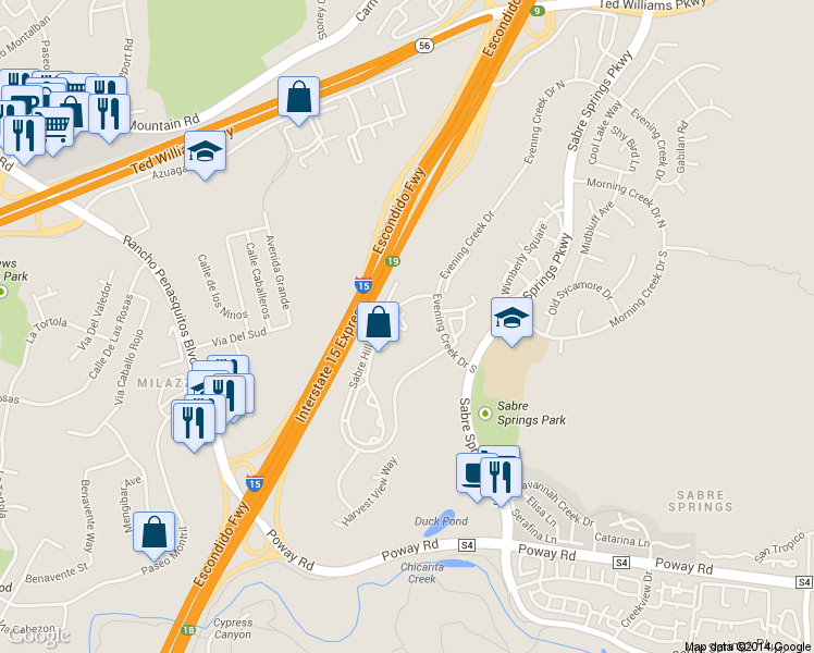 map of restaurants, bars, coffee shops, grocery stores, and more near 10858 Sabre Hill Drive in San Diego