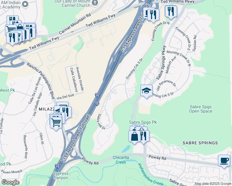 map of restaurants, bars, coffee shops, grocery stores, and more near 10858 Sabre Hill Drive in San Diego