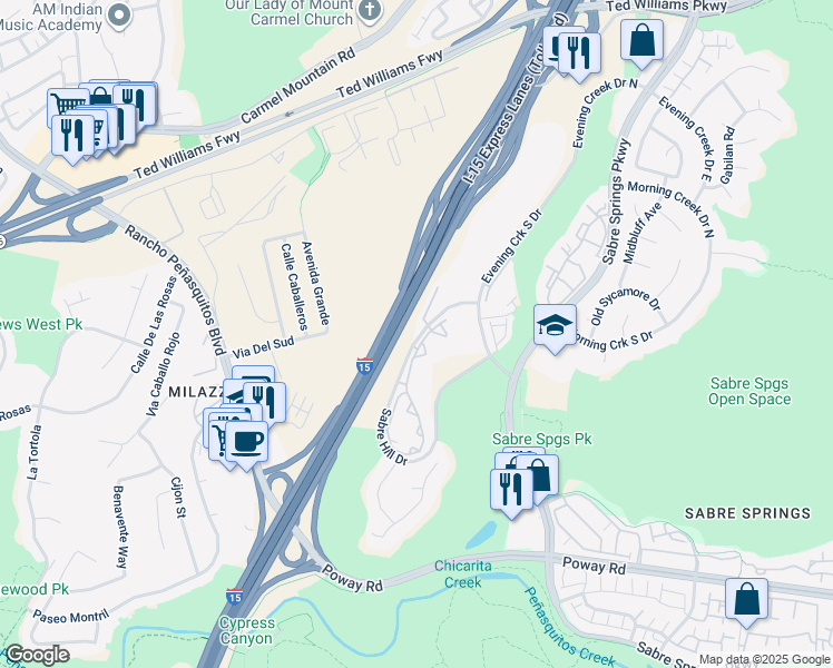 map of restaurants, bars, coffee shops, grocery stores, and more near 10858 Sabre Hill Drive in San Diego