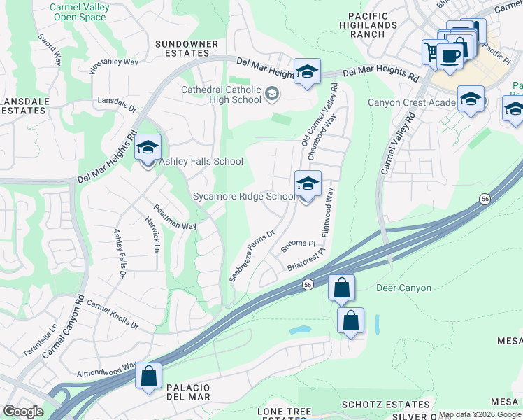 map of restaurants, bars, coffee shops, grocery stores, and more near 12886 Seabreeze Farms Drive in San Diego