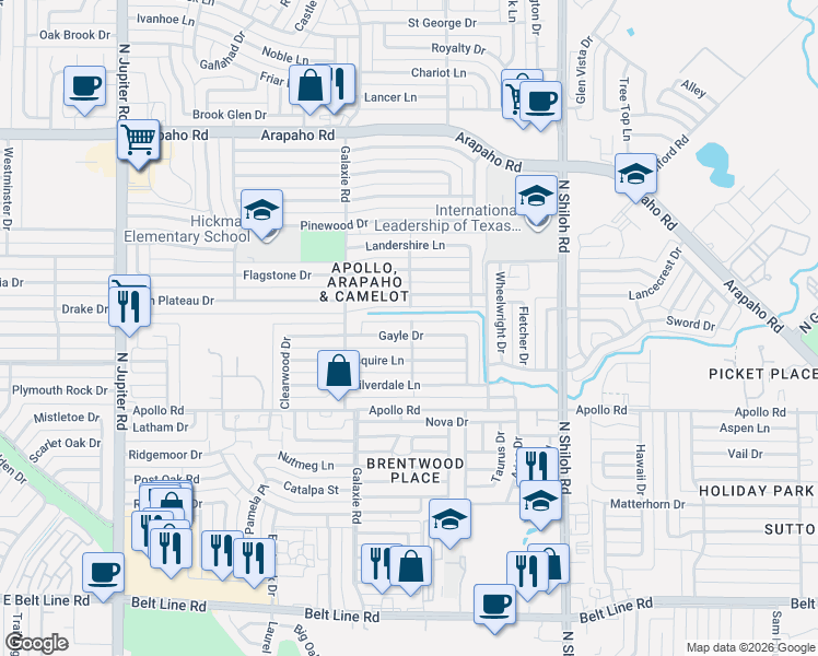 map of restaurants, bars, coffee shops, grocery stores, and more near 2909 Esquire Lane in Garland