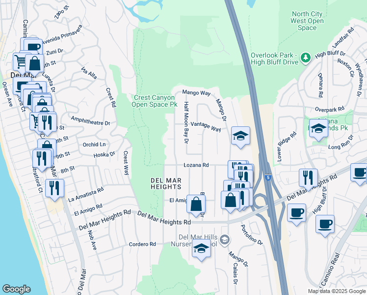 map of restaurants, bars, coffee shops, grocery stores, and more near 14132 Half Moon Bay Drive in Del Mar