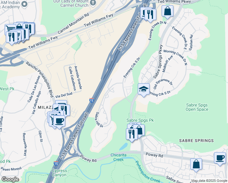 map of restaurants, bars, coffee shops, grocery stores, and more near 10904 Sabre Hill Drive in San Diego