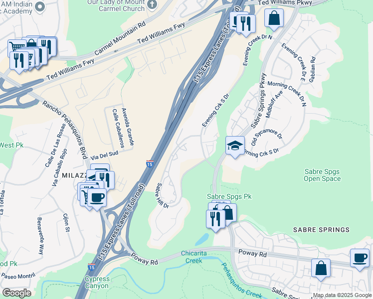 map of restaurants, bars, coffee shops, grocery stores, and more near 10908 Sabre Hill Drive in San Diego