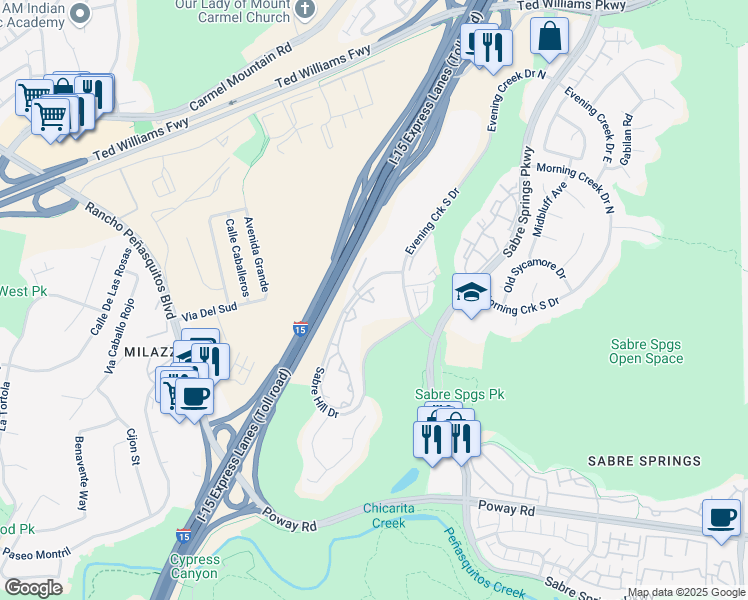 map of restaurants, bars, coffee shops, grocery stores, and more near 10884 Sabre Hill Drive in San Diego