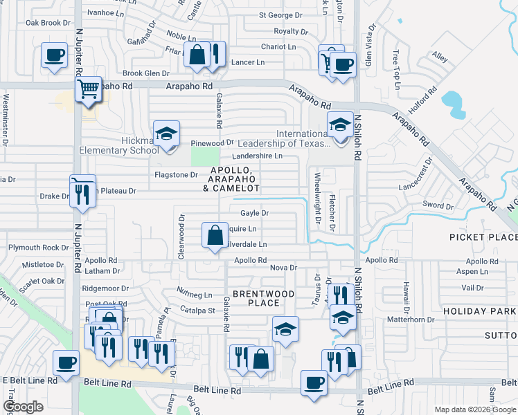 map of restaurants, bars, coffee shops, grocery stores, and more near 2909 Esquire Lane in Garland