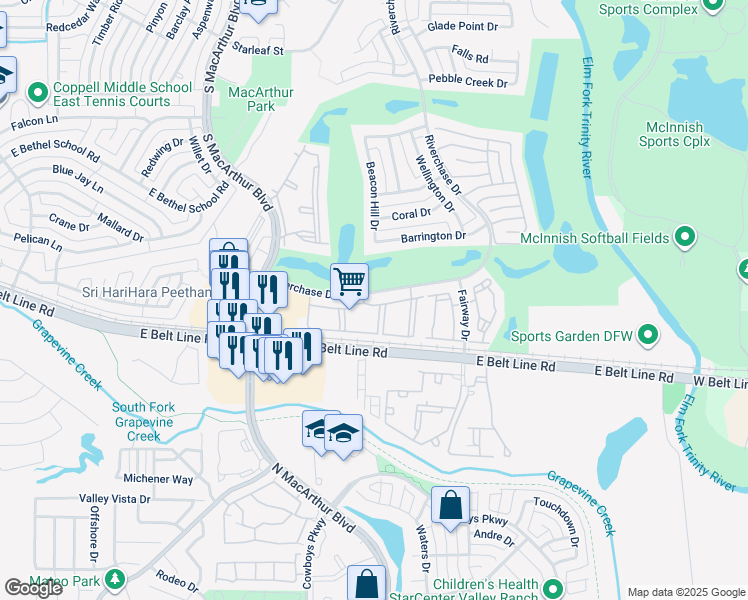 map of restaurants, bars, coffee shops, grocery stores, and more near 1315 Riverchase Drive in Coppell