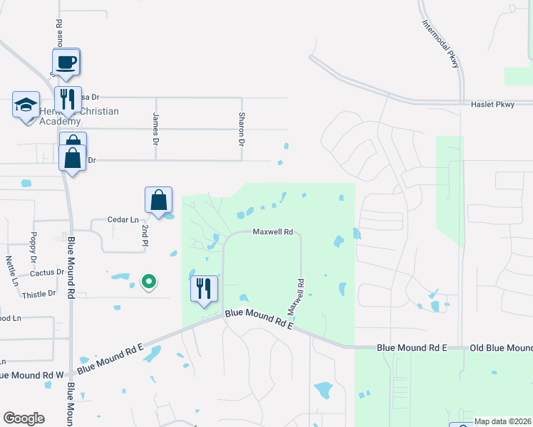 map of restaurants, bars, coffee shops, grocery stores, and more near 1225 Maxwell Road in Haslet
