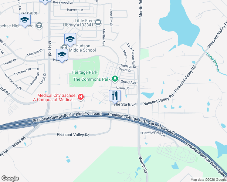 map of restaurants, bars, coffee shops, grocery stores, and more near 4011 Merritt Road in Sachse