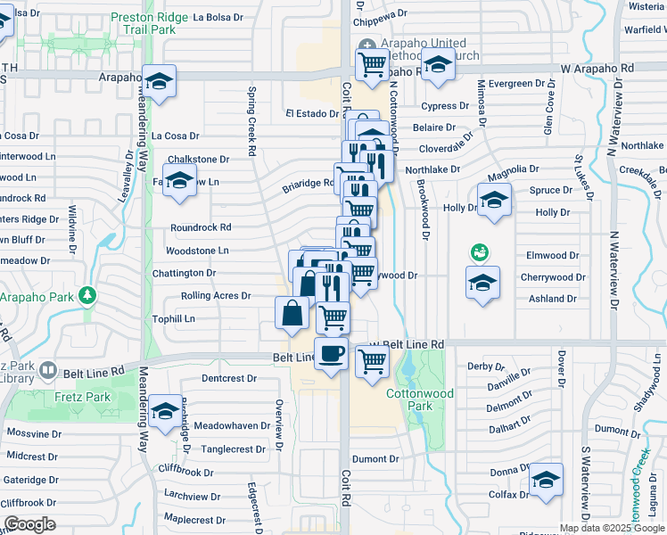 map of restaurants, bars, coffee shops, grocery stores, and more near 7943 Hillfawn Circle in Dallas