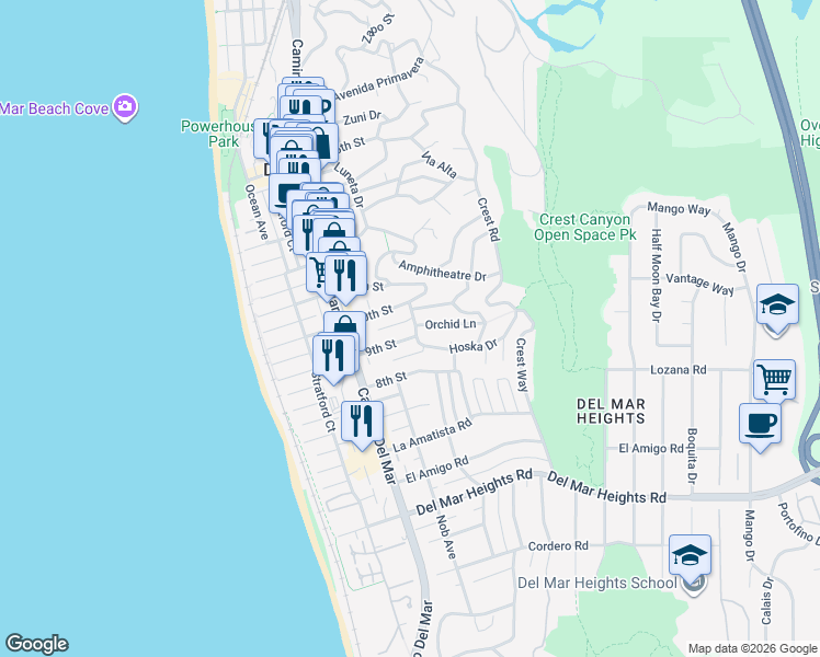 map of restaurants, bars, coffee shops, grocery stores, and more near 914 Highland Avenue in Del Mar