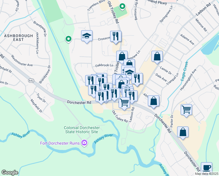 map of restaurants, bars, coffee shops, grocery stores, and more near 1920 Old Trolley Road in Summerville