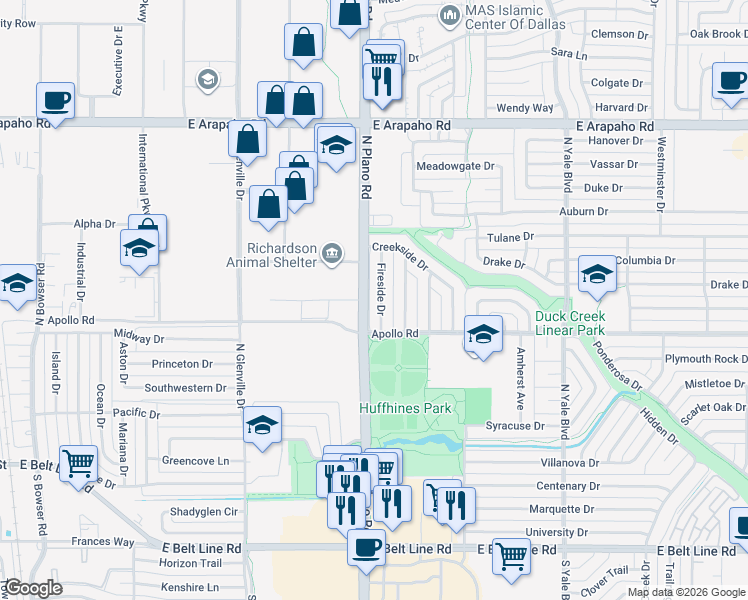 map of restaurants, bars, coffee shops, grocery stores, and more near 504 Fireside Drive in Richardson