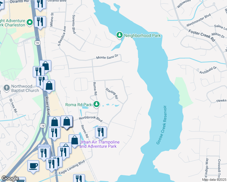 map of restaurants, bars, coffee shops, grocery stores, and more near 1213 Song Bird Court in Hanahan