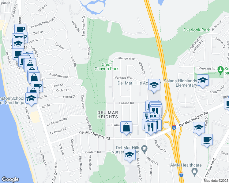 map of restaurants, bars, coffee shops, grocery stores, and more near 14129 Recuerdo Drive in Del Mar