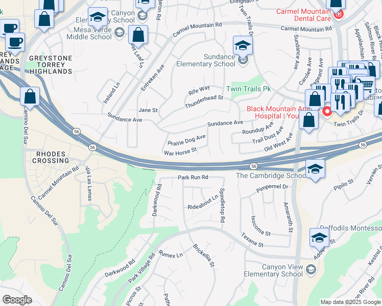 map of restaurants, bars, coffee shops, grocery stores, and more near 12845 War Horse Street in San Diego