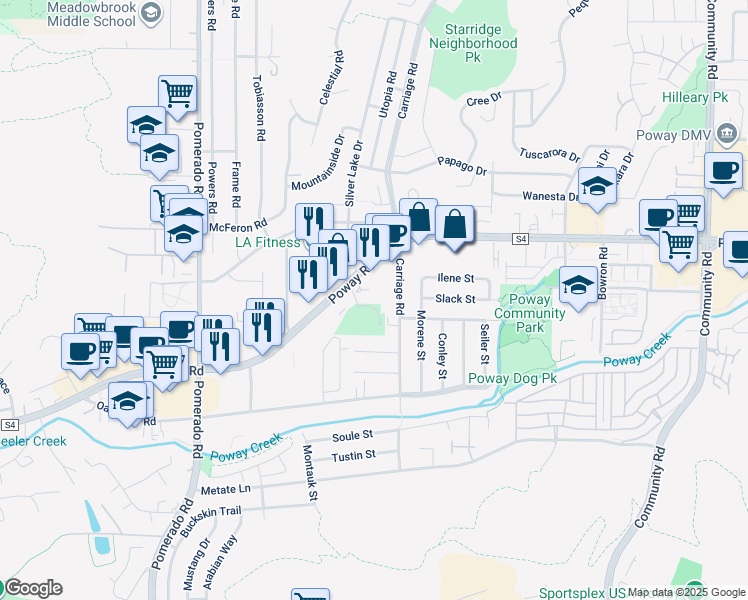 map of restaurants, bars, coffee shops, grocery stores, and more near 12719 Poway Road in Poway