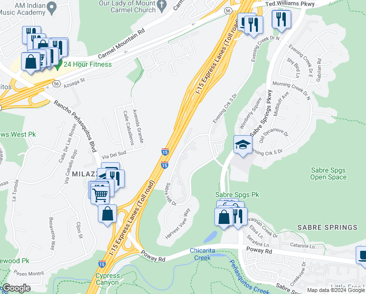 map of restaurants, bars, coffee shops, grocery stores, and more near 10905 Sabre Hill Drive in San Diego