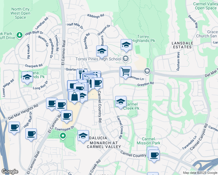 map of restaurants, bars, coffee shops, grocery stores, and more near 12688 Torrey Bluff Drive in San Diego