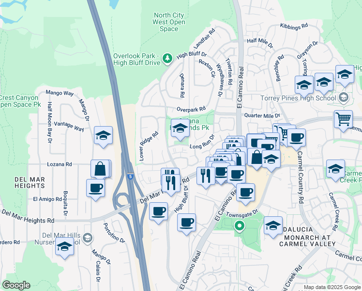 map of restaurants, bars, coffee shops, grocery stores, and more near 3510 Long Run Drive in San Diego