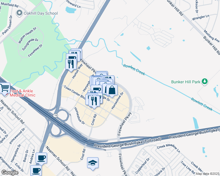 map of restaurants, bars, coffee shops, grocery stores, and more near 305 Firewheel Parkway in Garland