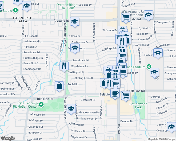 map of restaurants, bars, coffee shops, grocery stores, and more near 7735 Woodstone Lane in Dallas