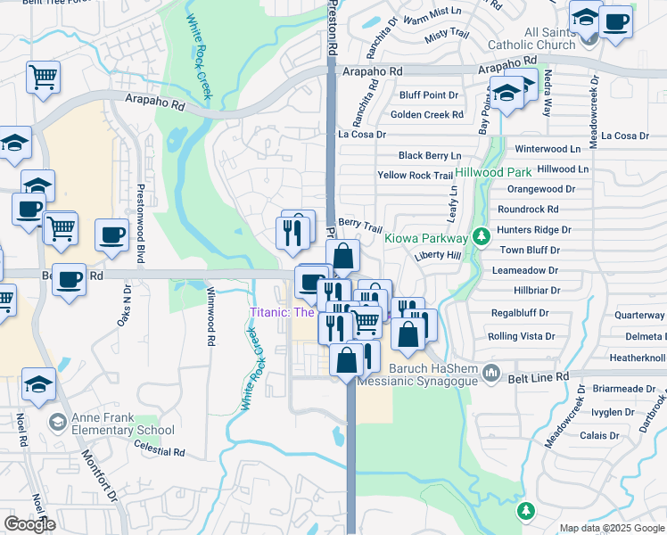 map of restaurants, bars, coffee shops, grocery stores, and more near 15150 Preston Road in Dallas