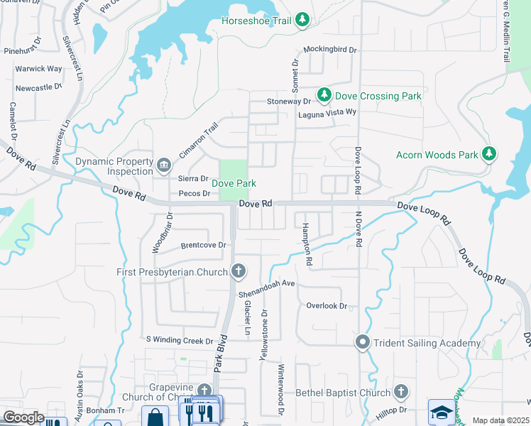 map of restaurants, bars, coffee shops, grocery stores, and more near 1400 North Park Boulevard in Grapevine