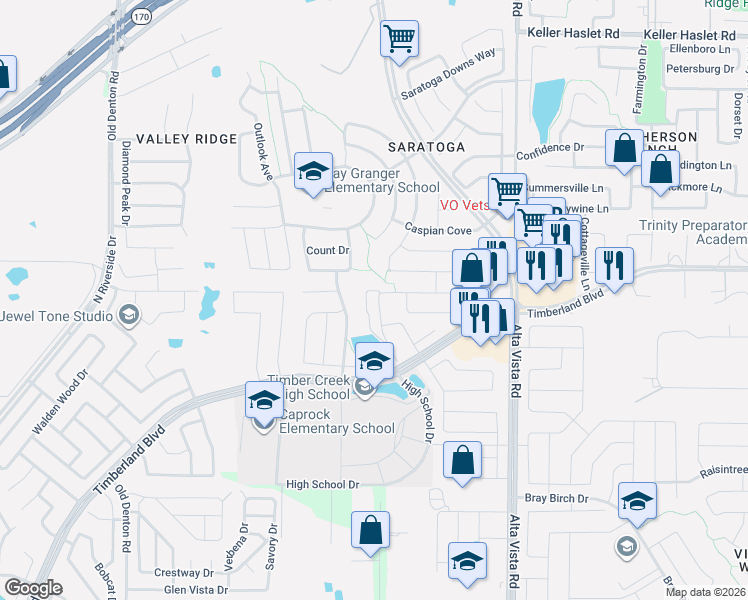 map of restaurants, bars, coffee shops, grocery stores, and more near 3400 Furlong Way in Fort Worth